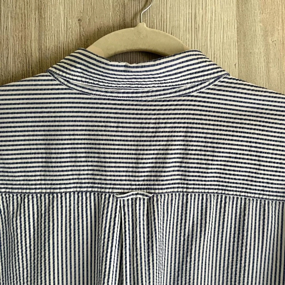 Vintage Seersucker Button Up Shirt Men's XXL Blue White Stripes Classic Preppy